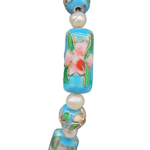 Blue Cloisonne & Faux Pearl Bead Bracelet Dangling Heart Charm 7.5 Toggle Close - Picture 7 of 14